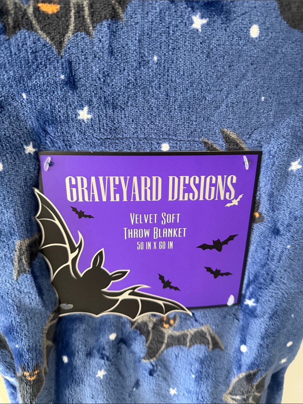 Graveyard Designs Halloween Blue & Black Throw Blanket with Bat Print - Picture 2 of 3